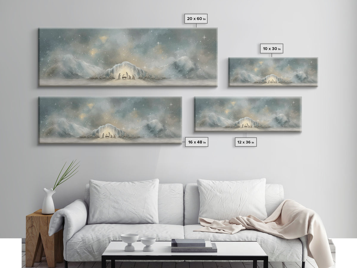 Starry Mountain Birth – Framed Canvas Print – Christian Christmas Art – Christian Art Canvas – Jesus Painting – Panoramic Frame – Christian