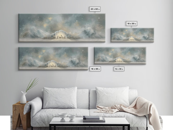 Starry Mountain Birth – Framed Canvas Print – Christian Christmas Art – Christian Art Canvas – Jesus Painting – Panoramic Frame – Christian
