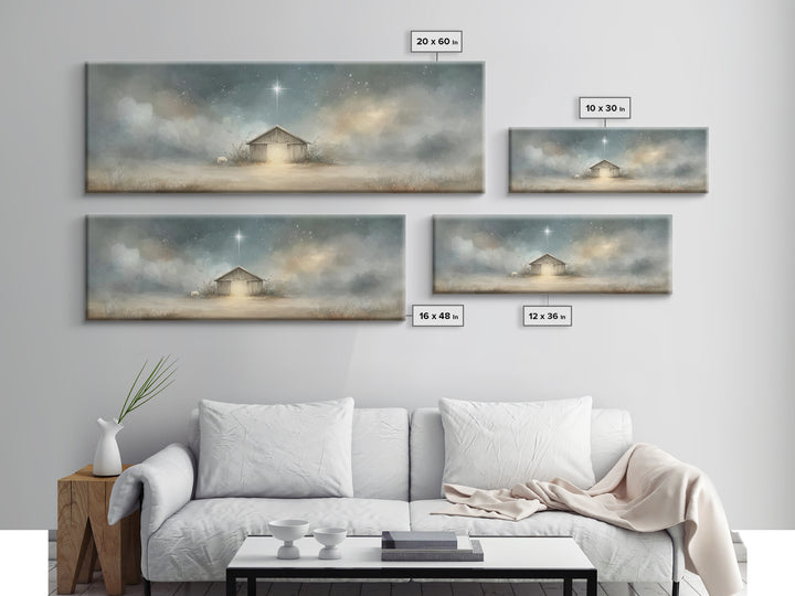 Starry Night Manger | Framed Canvas Print | Christian Wall Art | Panoramic Painting | Christmas Wall Art | Jesus Painting