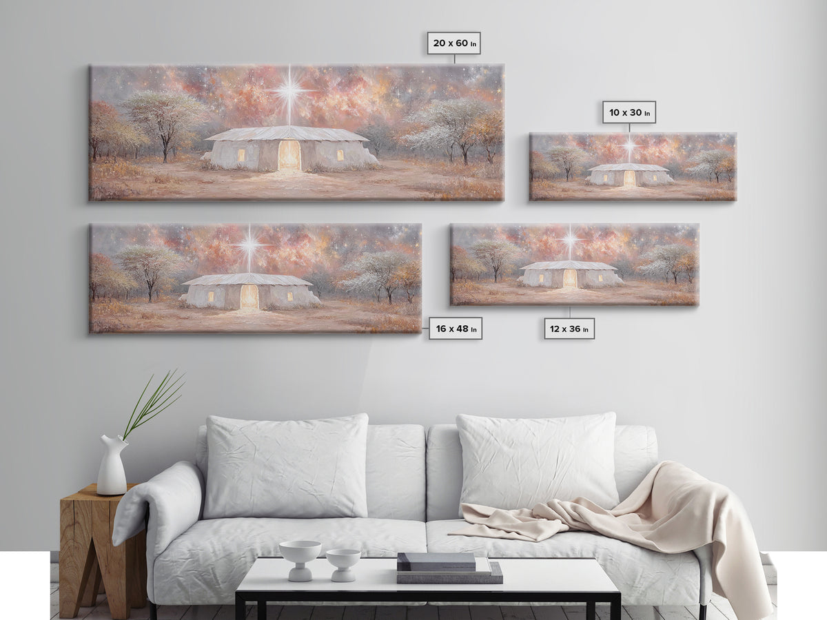 Bethlehem Dawn Glow, Framed Canvas Print, Christian Art, Panoramic Print, Christmas Art, Christian Wall Art, Jesus Painting