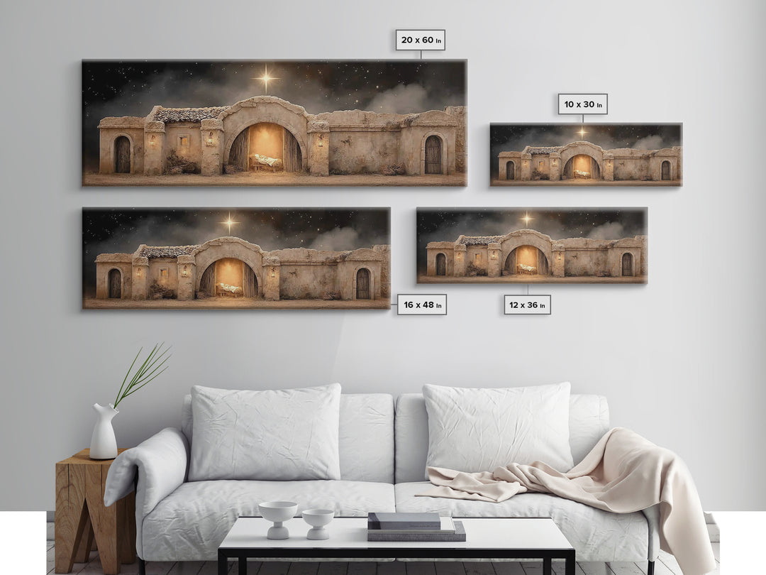 Radiant Stable Peace – Framed Canvas Print – Christian Wall Art – Panoramic Frame – Christmas Art – Christian Art Canvas – Jesus Painting