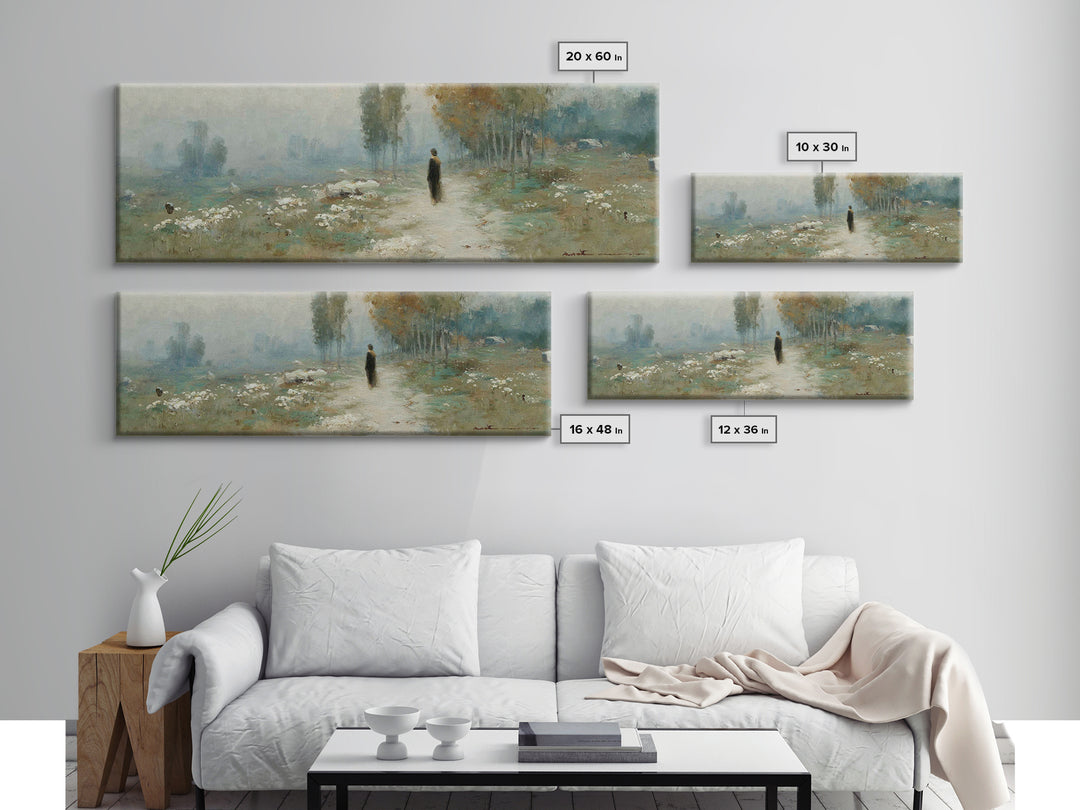 Misty Valley Walk, Framed Canvas Print, Christian Art Canvas, Panoramic Wall Art, Christian Art, Jesus Painting, Christmas Art