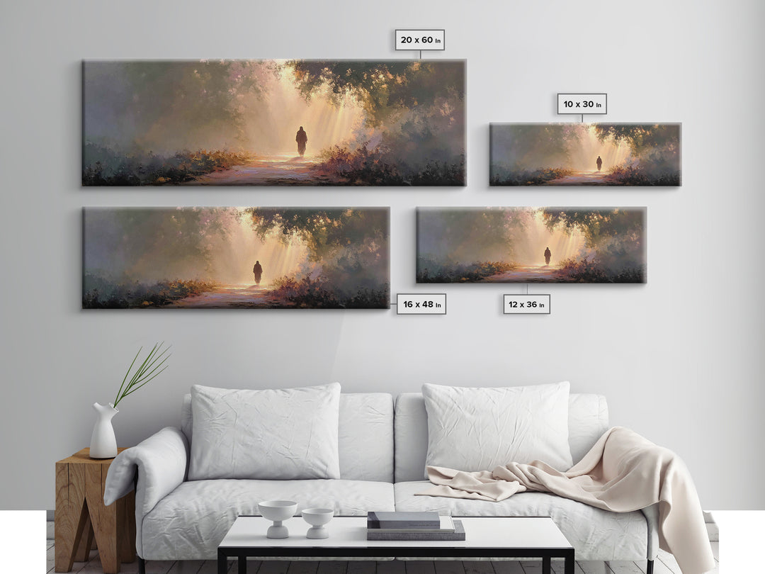Radiant Woodland Path | Framed Canvas Print | Panoramic Art | Jesus Painting | Christian Art Canvas | Moody Christian Art | Christian Wall