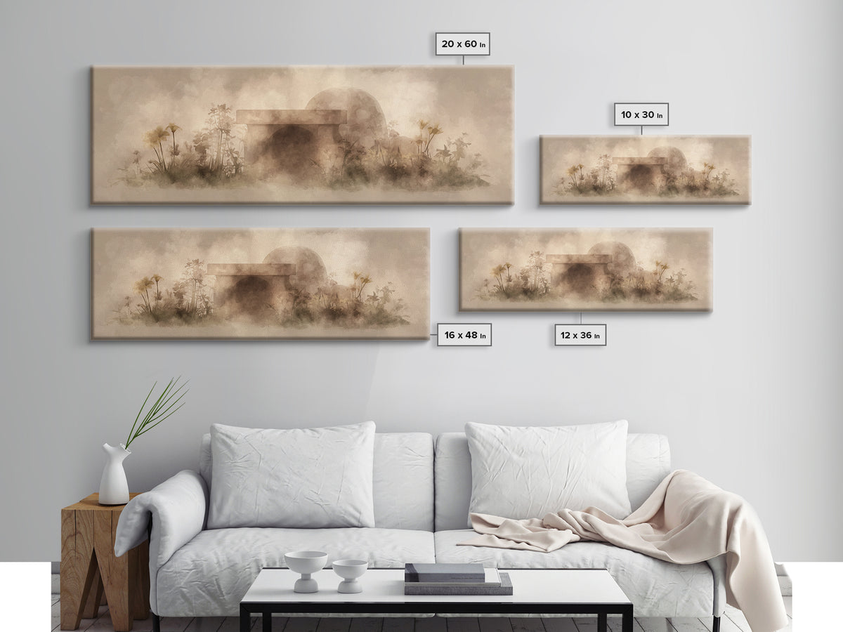 Dawn At The Empty Tomb, Framed Canvas Print, Panoramic Wall Art, Christian Art Canvas, Christian Wall Art, Easter Christian Art, Christian