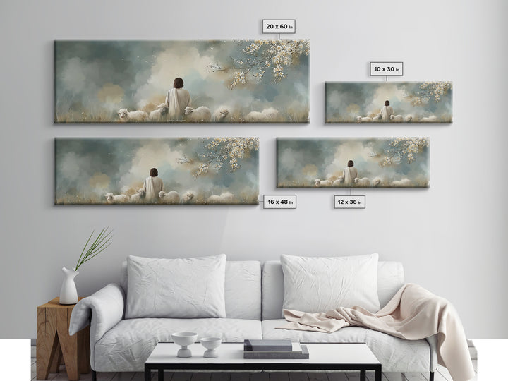 Peaceful Pasture Light – Framed Canvas Print – Panoramic Painting – Christian Art Canvas – Christian Wall Art – Jesus Painting – Christian