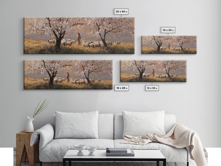 Shepherds In Bloom, Framed Canvas Print, Panoramic Wall Art, Christian Art Canvas, Jesus Painting, Christian Christmas Art, Christian Wall