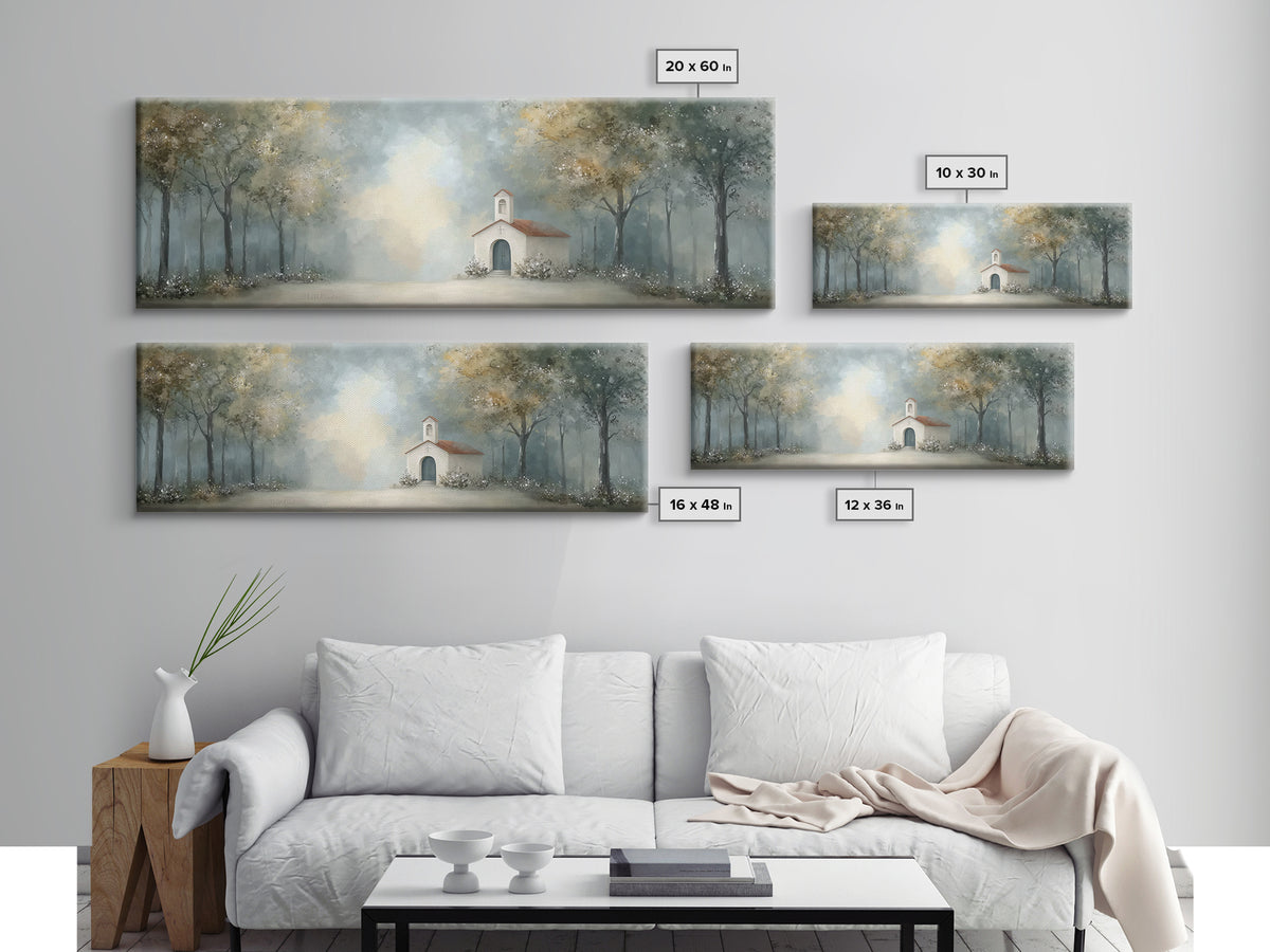 Forest Chapel Peace, Framed Canvas Print, Panoramic Art, Christian Art Canvas, Christian Wall Art, Christian Christmas Art, Christian Paint