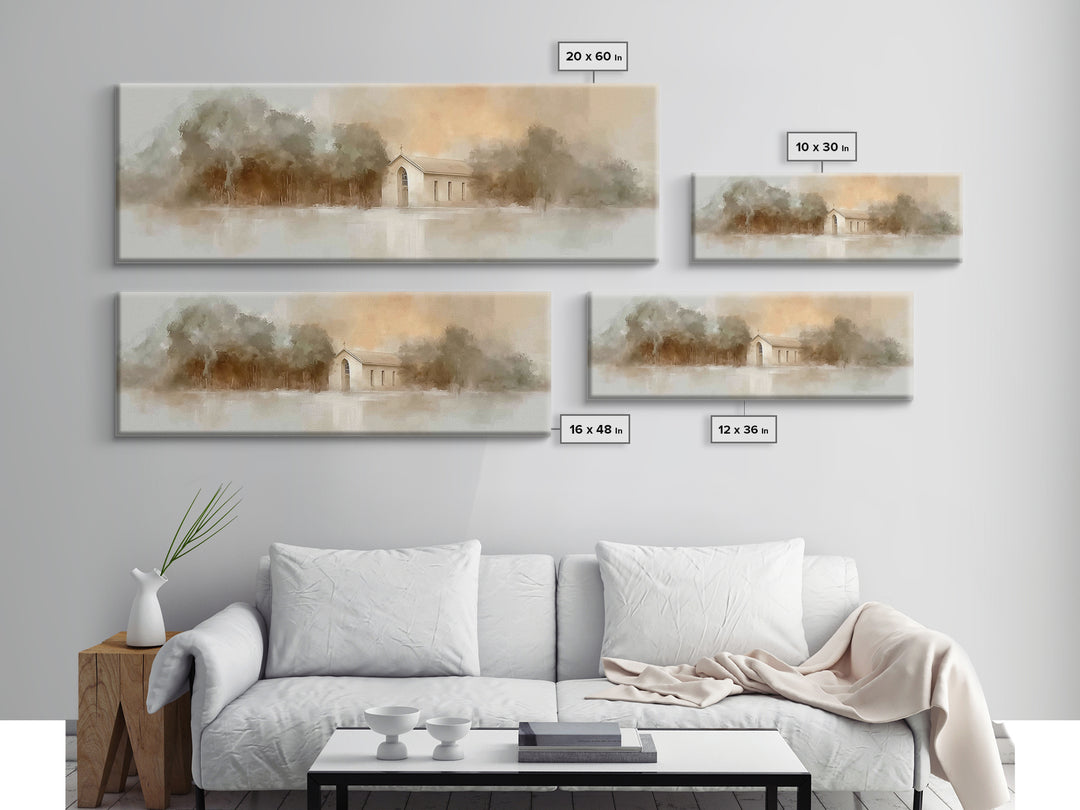 Soft Morning Chapel | Framed Canvas Print | Panoramic Wall Art | Christian Art Canvas | Christian Painting | Christian Christmas Art | Chri