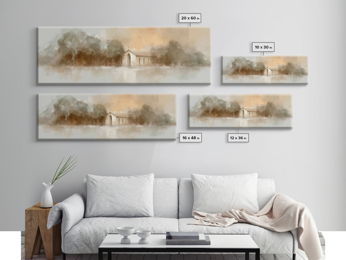 Soft Morning Chapel | Framed Canvas Print | Panoramic Wall Art | Christian Art Canvas | Christian Painting | Christian Christmas Art | Chri