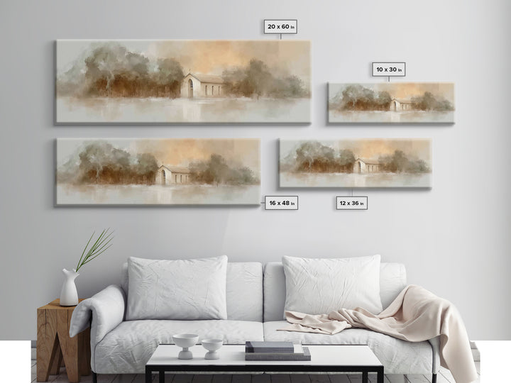 Soft Morning Chapel | Framed Canvas Print | Panoramic Wall Art | Christian Art Canvas | Christian Painting | Christian Christmas Art | Chri