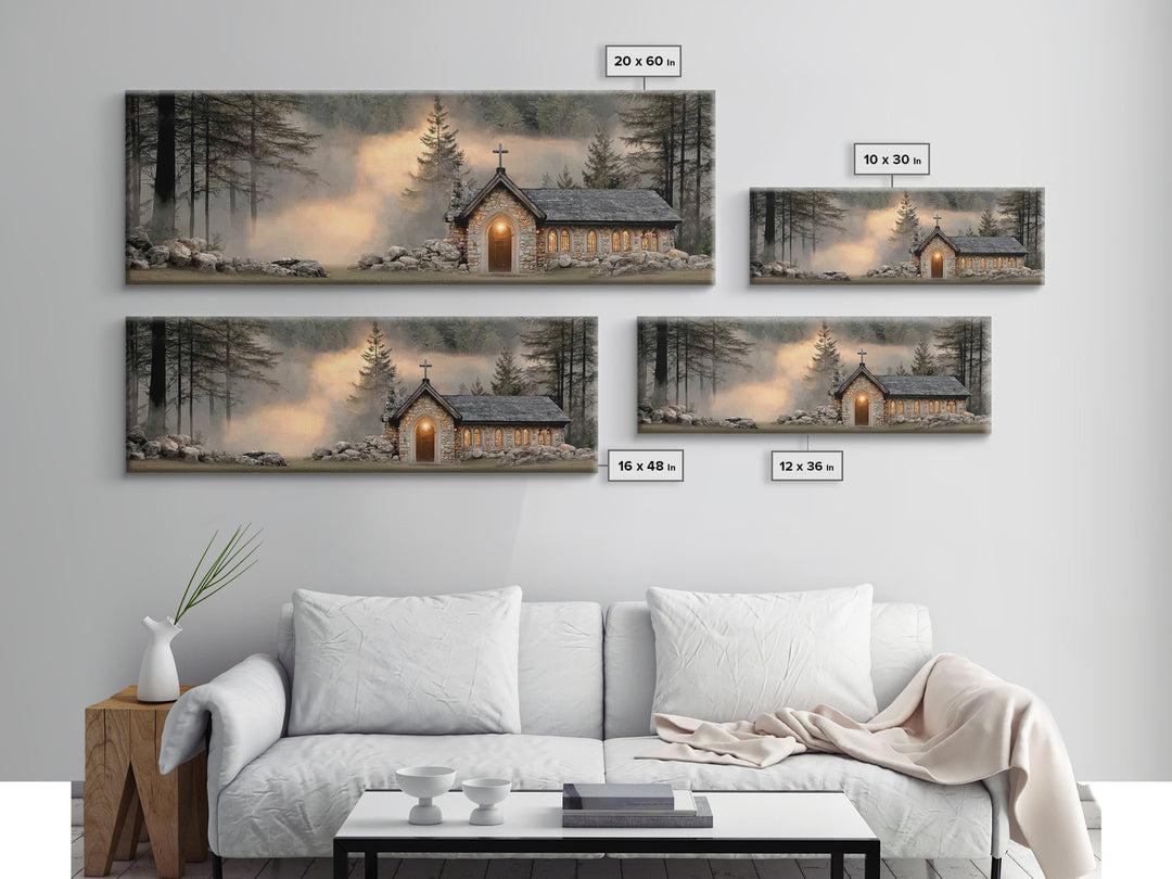 Chapel In The Pines | Framed Canvas Print | Panoramic Frame | Christian Wall Art | Christian Christmas Art | Christian Art Canvas | Christi