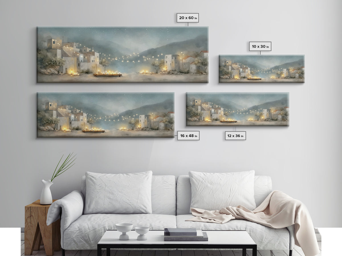 Starlit Village Peace, Framed Canvas Print, Christian Wall Art, Panoramic Art, Christian Christmas Art, Christian Art Print, Christian Deco