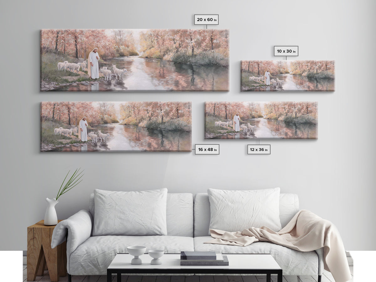 Pastoral Grace Reflections – Framed Canvas Print – Jesus Painting – Panoramic Print – Christian Wall Art – Christian Art Canvas – Christian