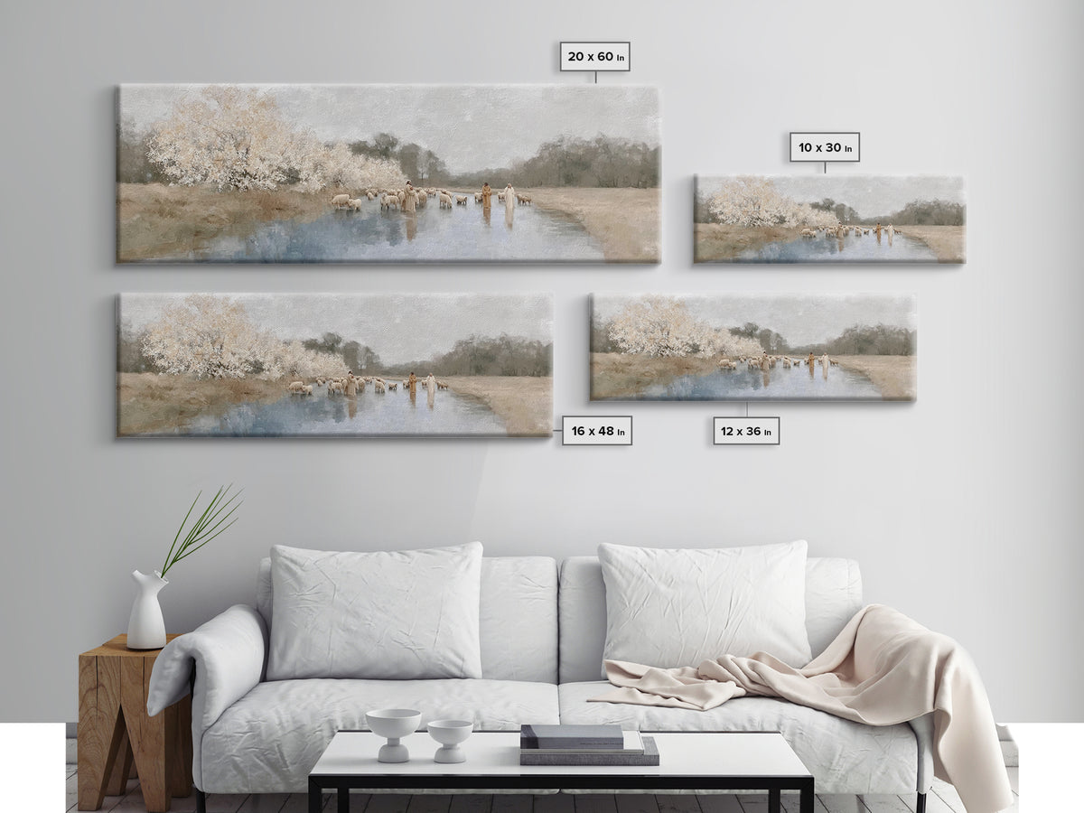 Riverside Shepherd Calm | Framed Canvas Print | Christian Art Canvas | Panoramic Wall Art | Jesus Painting | Christian Gift Ideas | Christi