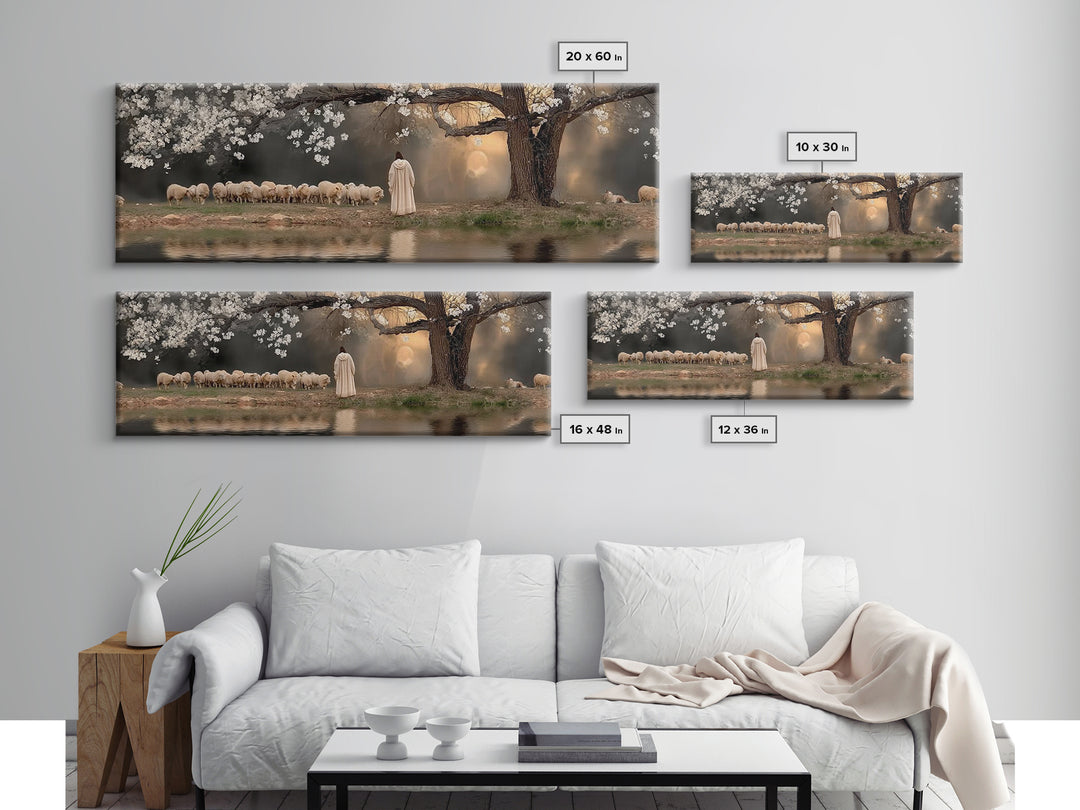 Shepherd’s Quiet Dawn, Framed Canvas Print, Christian Wall Art, Panoramic Print, Jesus Painting, Christian Art Canvas, Christian Gift Ideas