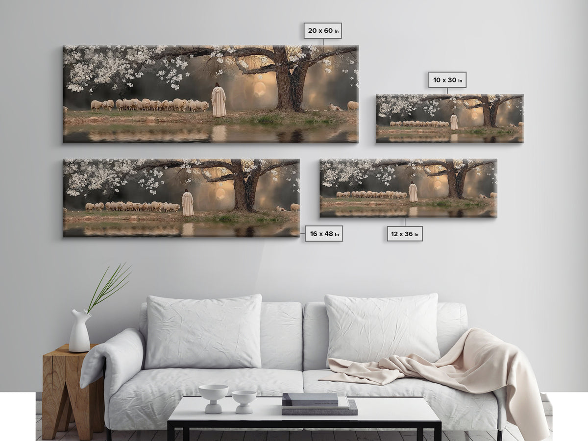 Shepherd’s Quiet Dawn, Framed Canvas Print, Christian Wall Art, Panoramic Print, Jesus Painting, Christian Art Canvas, Christian Gift Ideas