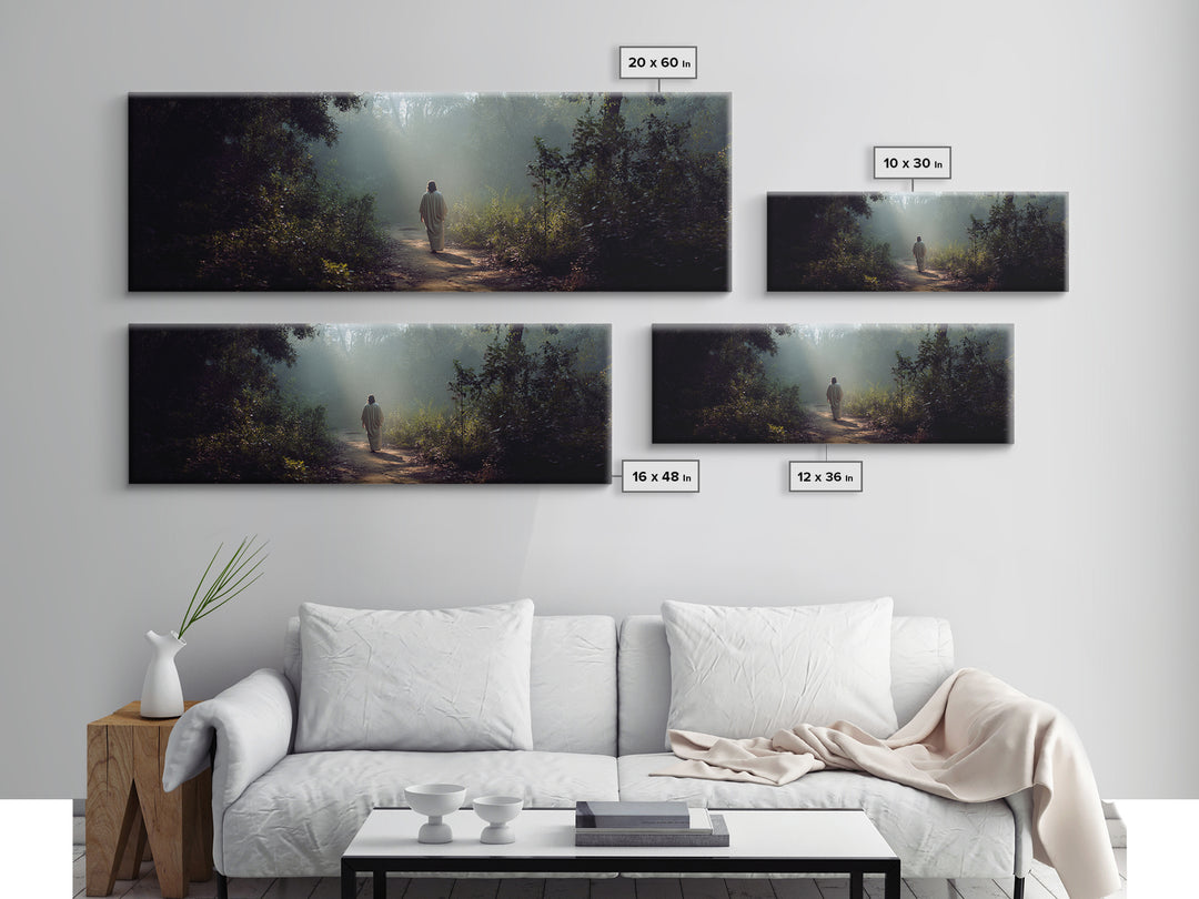 Light Through The Trees, Framed Canvas Print, Christian Wall Art, Jesus Painting, Panoramic Print, Christian Art Canvas, Large Christian Pa