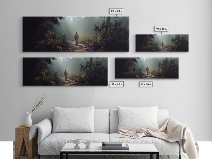 Light Through The Trees, Framed Canvas Print, Christian Wall Art, Jesus Painting, Panoramic Print, Christian Art Canvas, Large Christian Pa