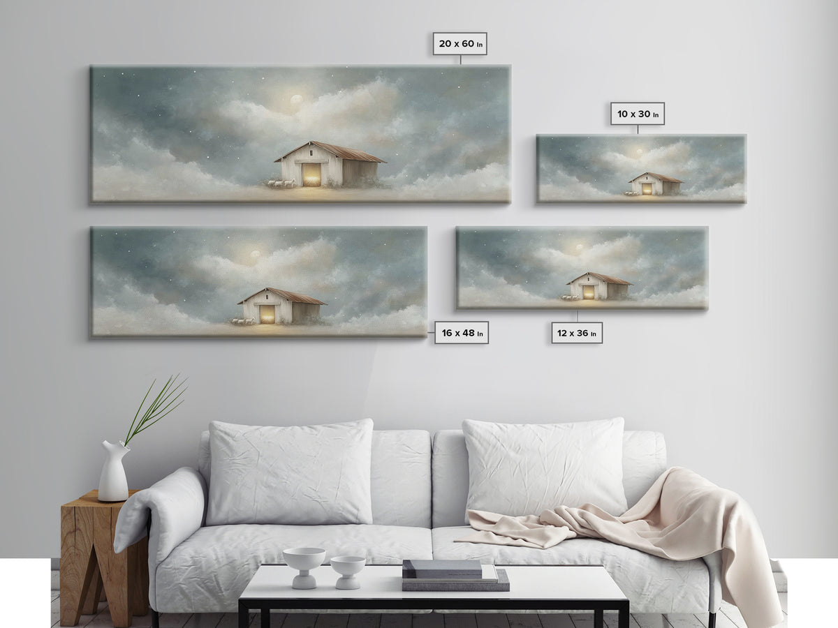 Midnight Stable Peace | Framed Canvas Print | Panoramic Painting | Christian Art Canvas | Christmas Wall Art | Christian Christmas Decor |