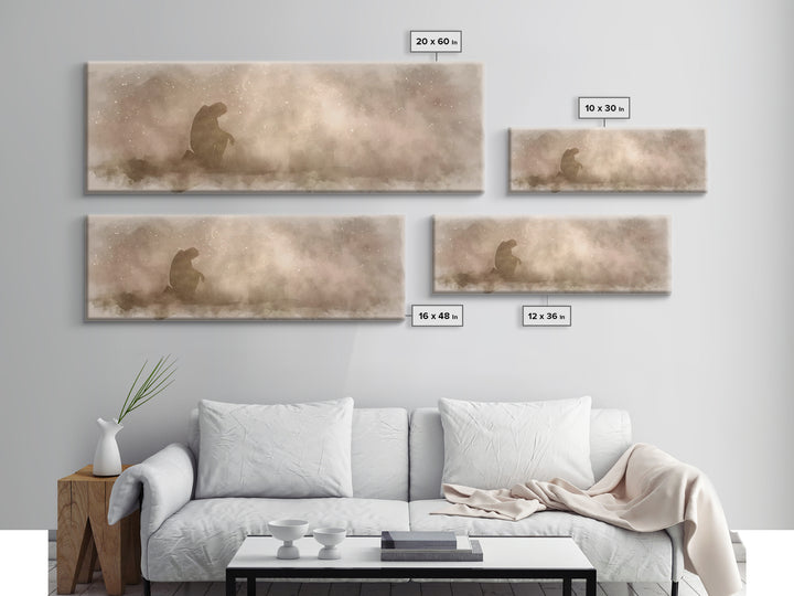 Kneeling Light | Framed Canvas Print | Panoramic Frame | Christian Art Canvas | Jesus Painting | Christian Wall Art | Christian Christmas A