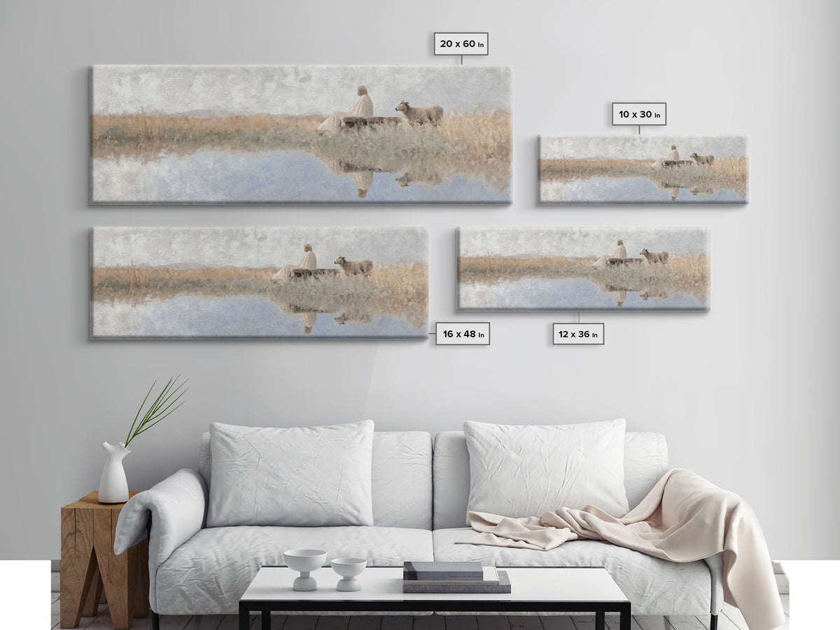Quiet Shepherd Light - Framed Canvas Print - Panoramic Art - Christian Wall Art - Jesus Painting - Christian Art Canvas - Christmas Art