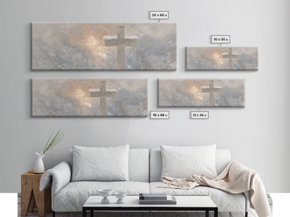 Winter Cross Light - Framed Canvas Print - Christian Wall Art - Panoramic Art - Christian Art Canvas - Christmas Art - Jesus Painting