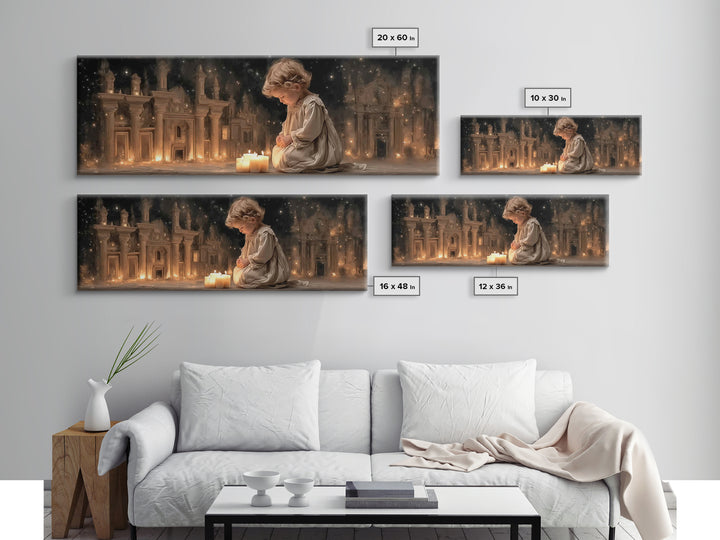 Childhood Devotion, Framed Canvas Print, Christian Art Canvas, Panoramic Wall Art, Christmas Art, Christian Art Gift, Modern Christian Art