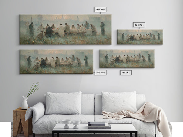 Upper Room Reverence, Framed Canvas Print, Christian Paintings, Large Christian Painting, Jesus Art Print, Panoramic Painting, Christian Ar