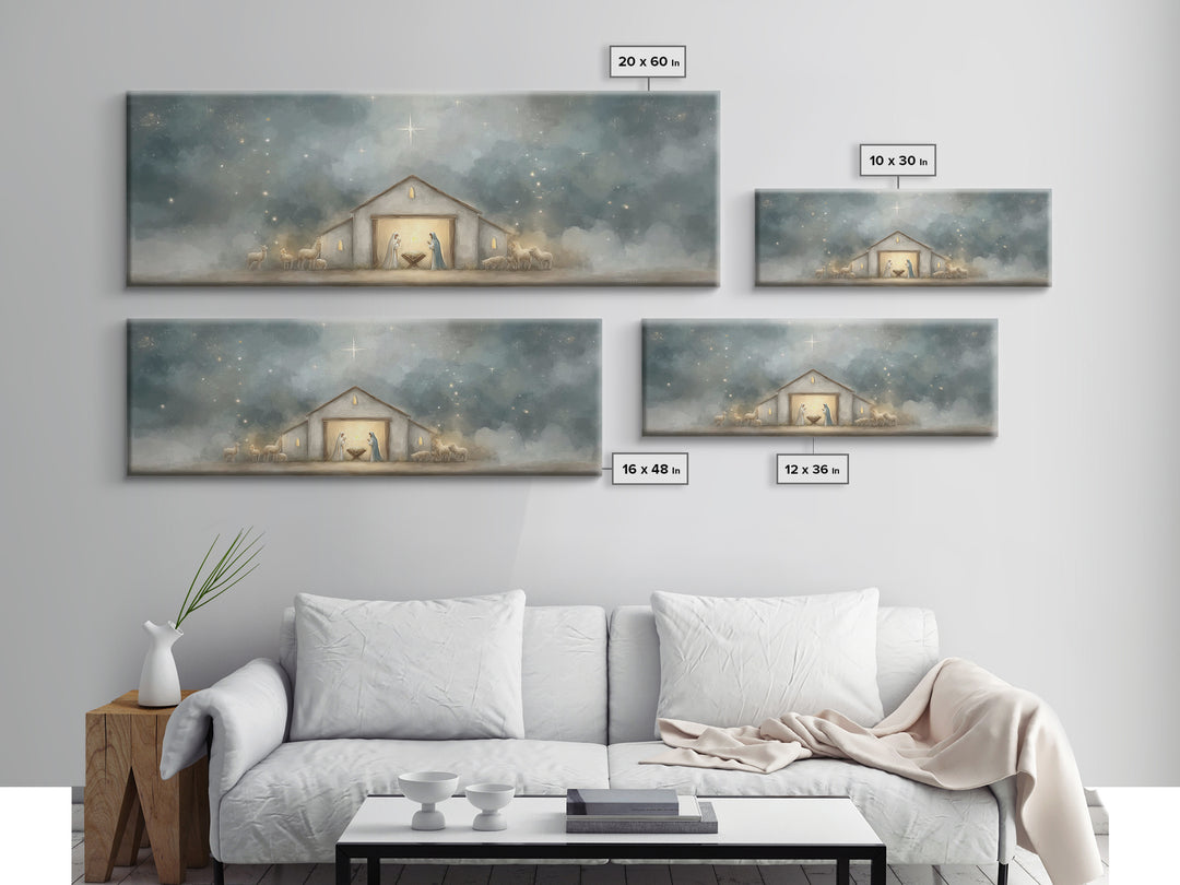 Starry Night Manger - Framed Canvas Print - Panoramic Print - Christian Christmas Art - Christian Art Canvas - Jesus Painting