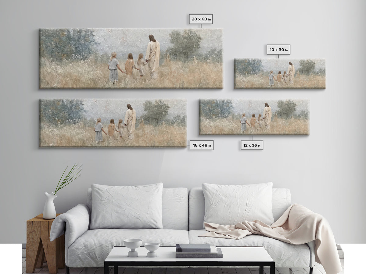 Gentle Meadow Walk – Framed Canvas Print – Christian Wall Art – Jesus Painting – Christian Art Canvas – Panoramic Art – Christian Christmas