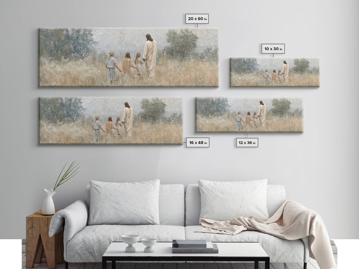 Gentle Meadow Walk – Framed Canvas Print – Christian Wall Art – Jesus Painting – Christian Art Canvas – Panoramic Art – Christian Christmas