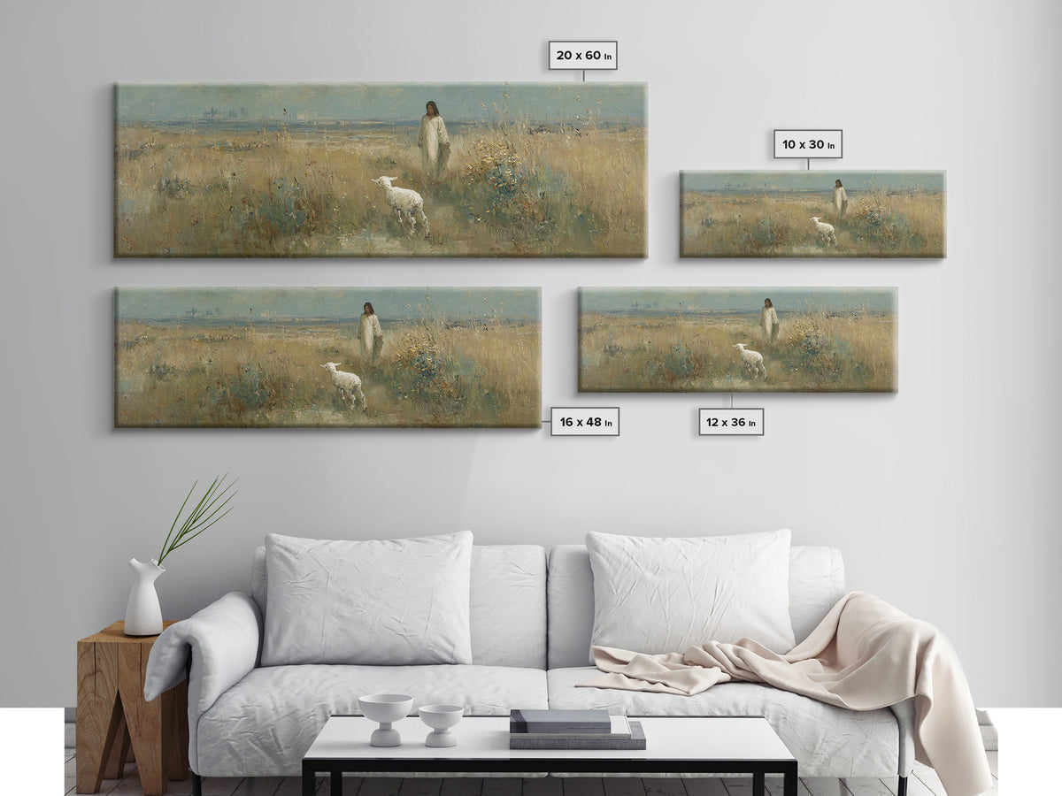 Quiet Meadow Grace, Framed Canvas Print, Christian Wall Art, Panoramic Print, Jesus Painting, Christian Christmas Art, Christian Art Canvas
