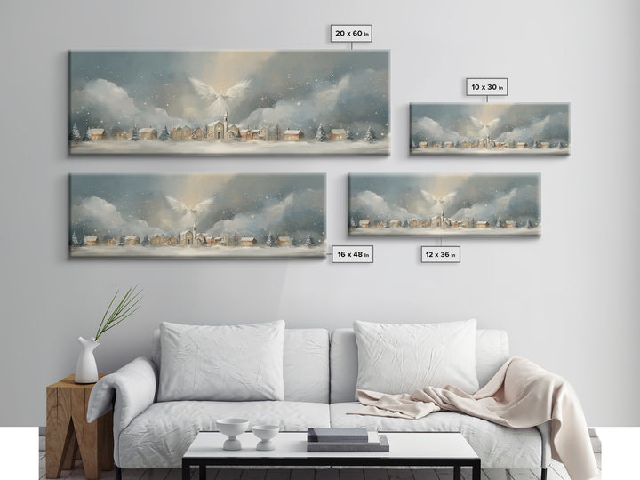 Heavenly Village Light, Framed Canvas Print, Christian Wall Art, Panoramic Painting, Christian Christmas Art, Christian Art Canvas, Holiday