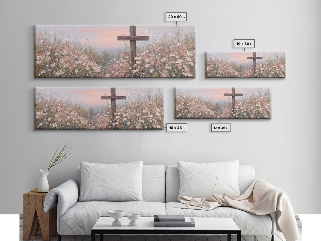 Silent Cross Meadow | Framed Canvas Print | Panoramic Wall Art | Christian Art Canvas | Subtle Christian Art | Christian Decor | Christmas