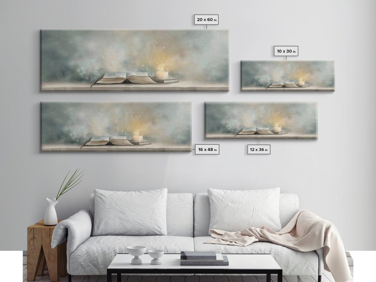 Candlelit Scripture | Framed Canvas Print | Christian Christmas Art | Panoramic Wall Art | Christian Art Canvas | Christian Painting | Chri