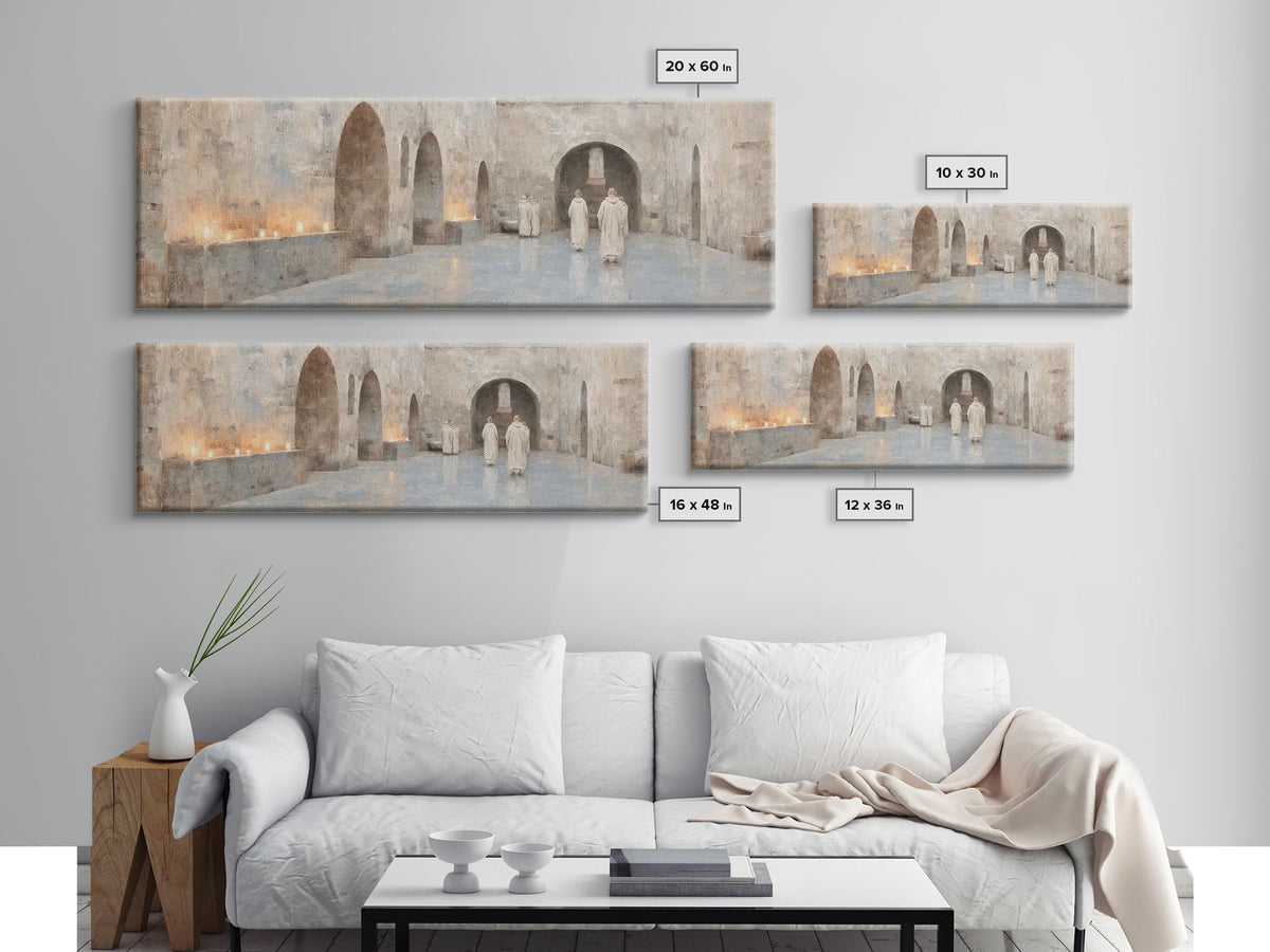 Silent Cloisters, Framed Canvas Print, Christian Wall Art, Panoramic Painting, Christian Art Print, Vintage Christian Art, Christmas Wall A
