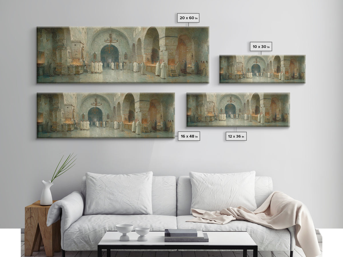 Monastic Gathering – Framed Canvas Print – Christian Art Canvas – Panoramic Frame – Christmas Art – Christian Decorations – Christian Paint