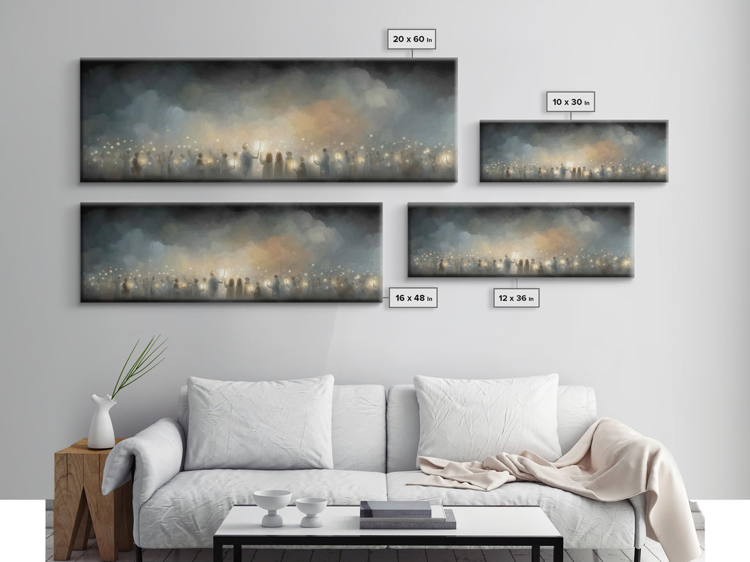 Twilight Candle Crowd | Framed Canvas Print | Christian Wall Art | Panoramic Frame | Christian Art Canvas | Christmas Art | Devotional Art
