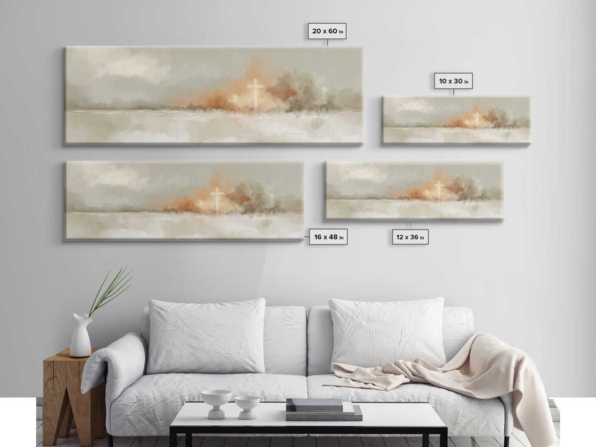 Light On Calvary, Framed Canvas Print, Christian Wall Art, Panoramic Painting, Christian Art Canvas, Christian Painting, Christian Decor
