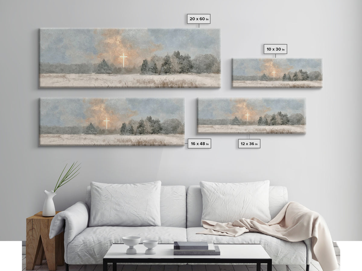 Winter Cross Light, Framed Canvas Print, Panoramic Art, Christian Art Canvas, Christian Wall Art, Christian Painting, Christmas Art
