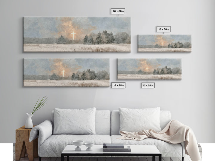 Winter Cross Light, Framed Canvas Print, Panoramic Art, Christian Art Canvas, Christian Wall Art, Christian Painting, Christmas Art