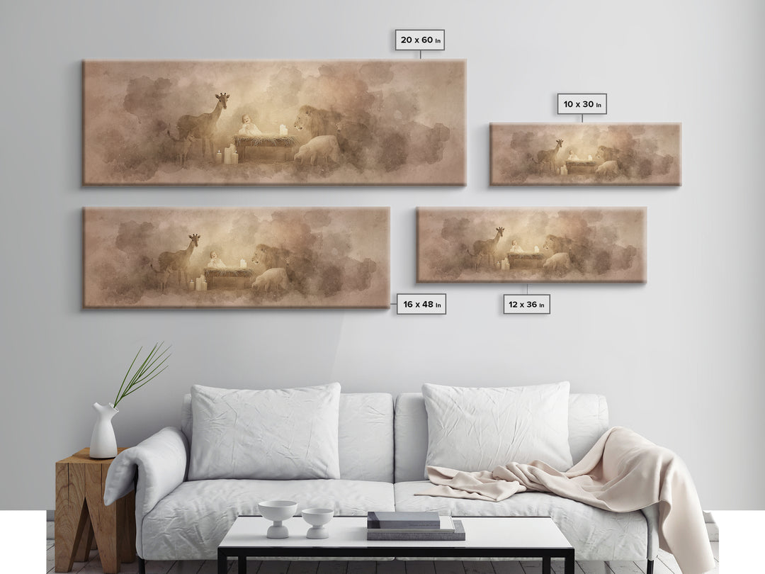Gentle Manger Peace, Framed Canvas Print, Christian Wall Art, Panoramic Art, Christian Art Canvas, Christmas Art, Christian Christmas Decor