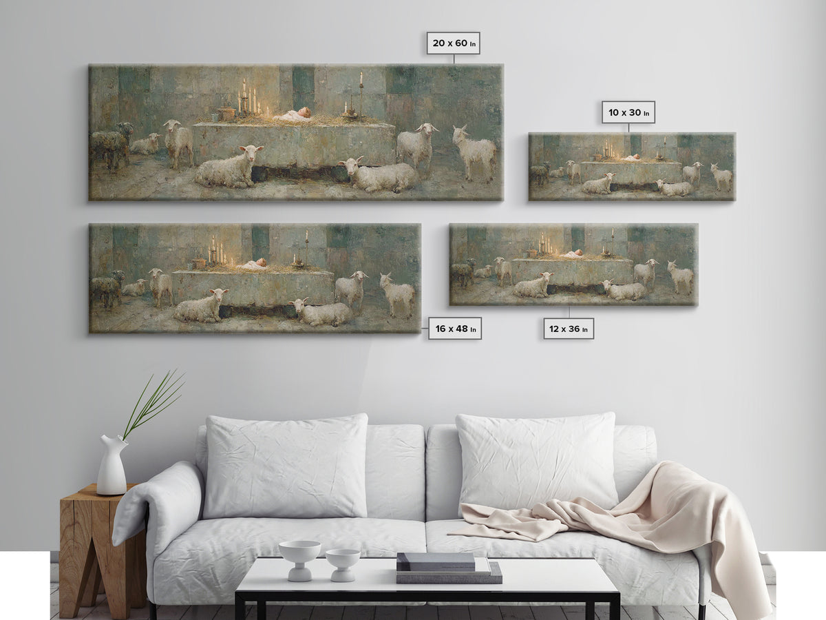 Quiet Stable Glory – Framed Canvas Print – Panoramic Art – Christian Wall Art – Christmas Wall Art – Christian Art Canvas – Vintage Christi