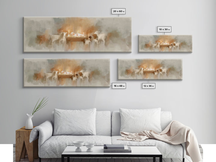 Soft Manger Glow | Framed Canvas Print | Christmas Art | Christian Art Canvas | Panoramic Painting | Christian Wall Art | Christian Christm