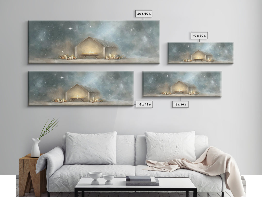 Gentle Stable Peace – Framed Canvas Print – Panoramic Painting – Christian Wall Art – Christian Art Canvas – Christmas Art – Subtle Christi