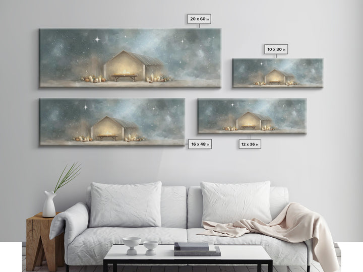 Gentle Stable Peace – Framed Canvas Print – Panoramic Painting – Christian Wall Art – Christian Art Canvas – Christmas Art – Subtle Christi