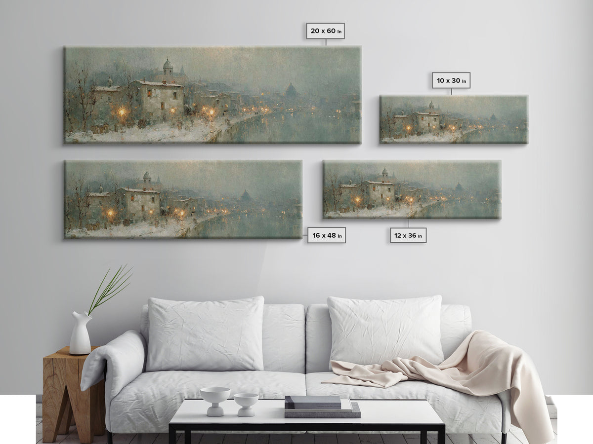 Winter Chapel Glow | Framed Canvas Print | Christian Art | Christian Christmas Art | Christian Art Canvas | Panoramic Wall Art | Christian