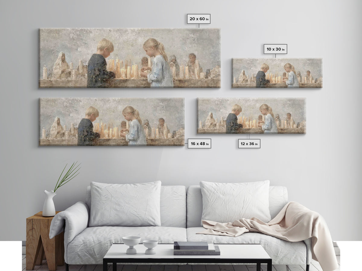 Little Lights Gathered | Framed Canvas Print | Christian Art Print | Christmas Wall Art | Panoramic Art | Christian Art Canvas | Christmas