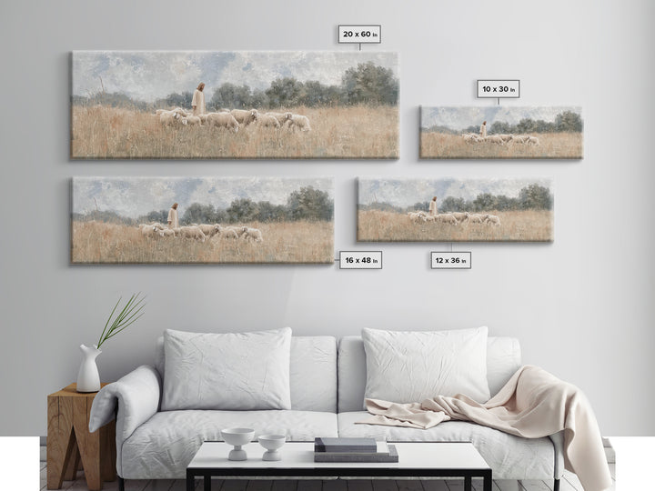 Quiet Meadow Flock, Framed Canvas Print, Christian Art Work, Jesus Painting, Panoramic Print, Christian Decor For Home, Christian Art Canva