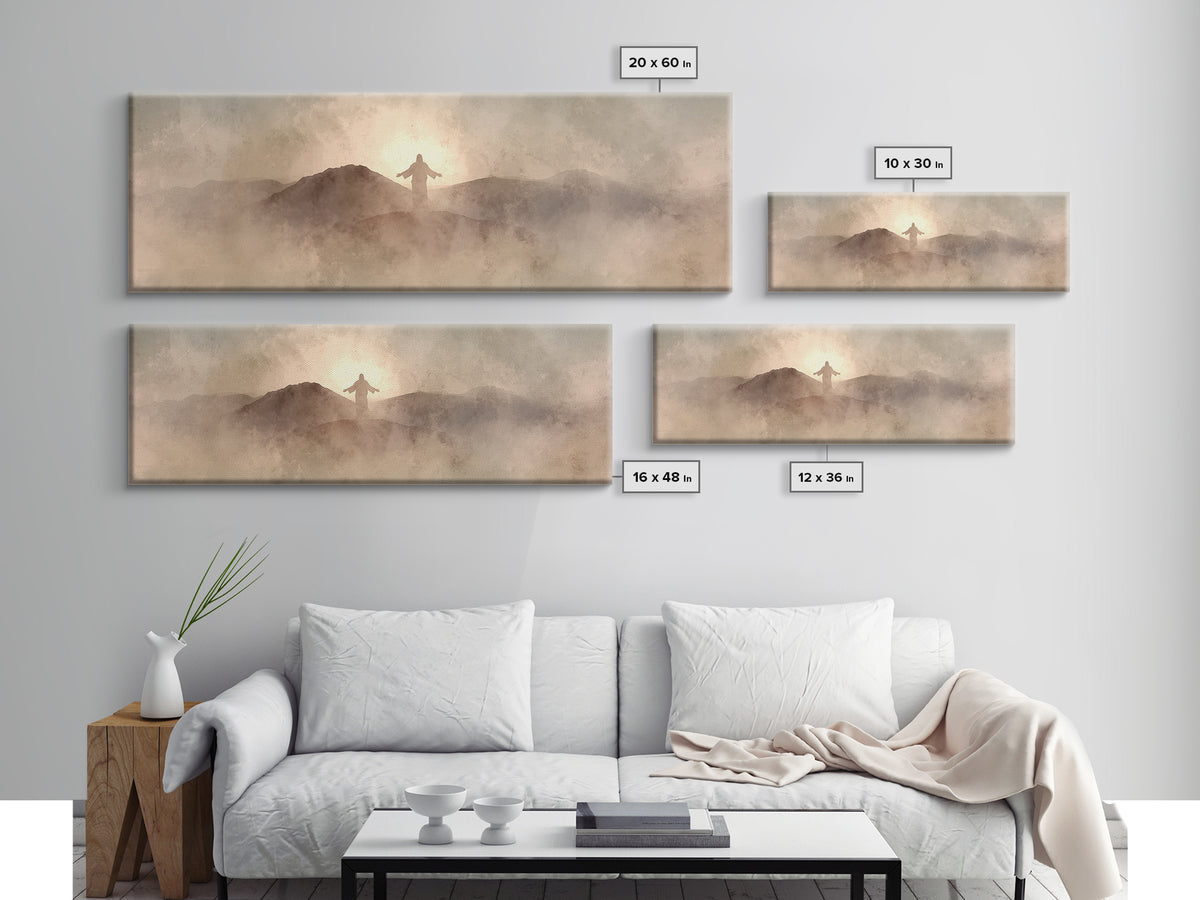 Dawn On Holy Heights, Framed Canvas Print, Panoramic Wall Art, Christian Art Canvas, Jesus Painting, Christian Art